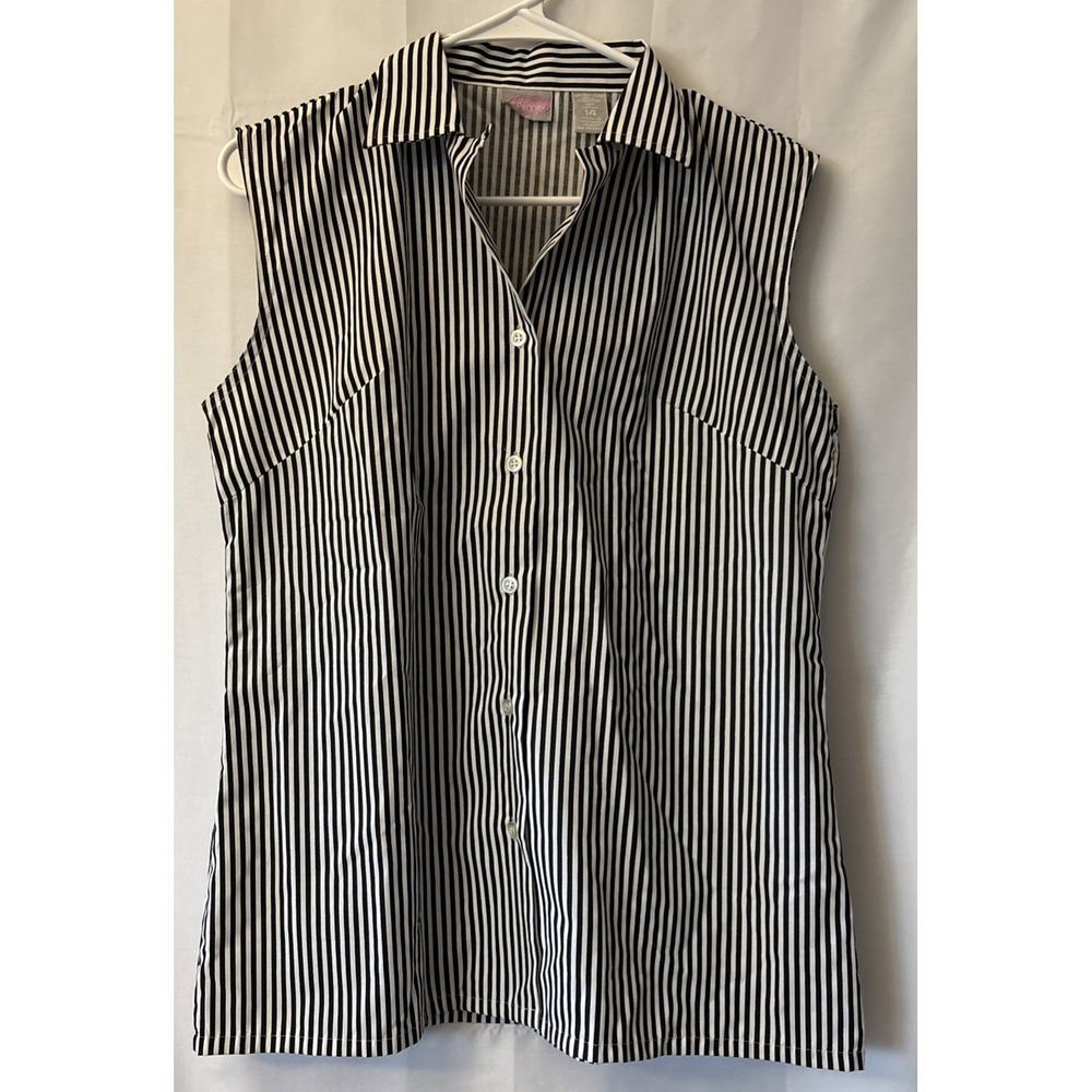 White‎ Black Striped Sleeveless Collared Button-Up Tank Top Women 14 J C Penney